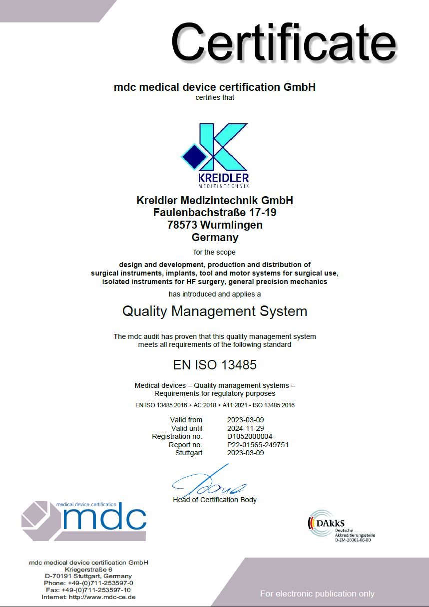 Kreidler Medizintechnik GmbH - Certificate DIN EN ISO 13485